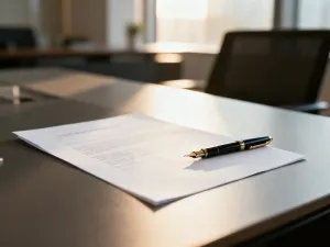 Podpisany dokument prawny z piórem wiecznym na biurku w nowoczesnym biurze, symbolizujący formalne zakończenie współpracy.